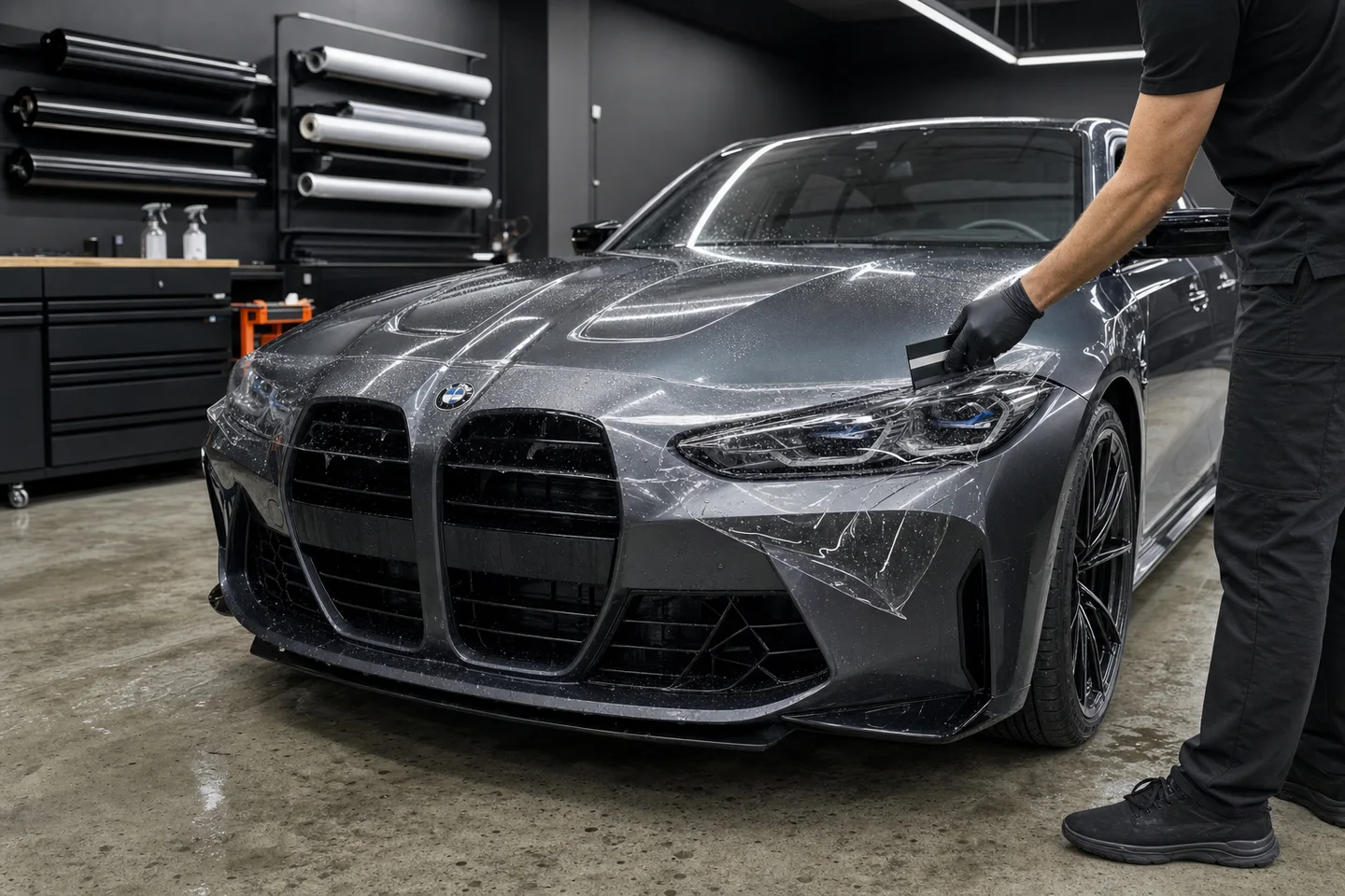 Technician squeegeeing paint protection film over the front of a gray BMW M3 in the Apex bay