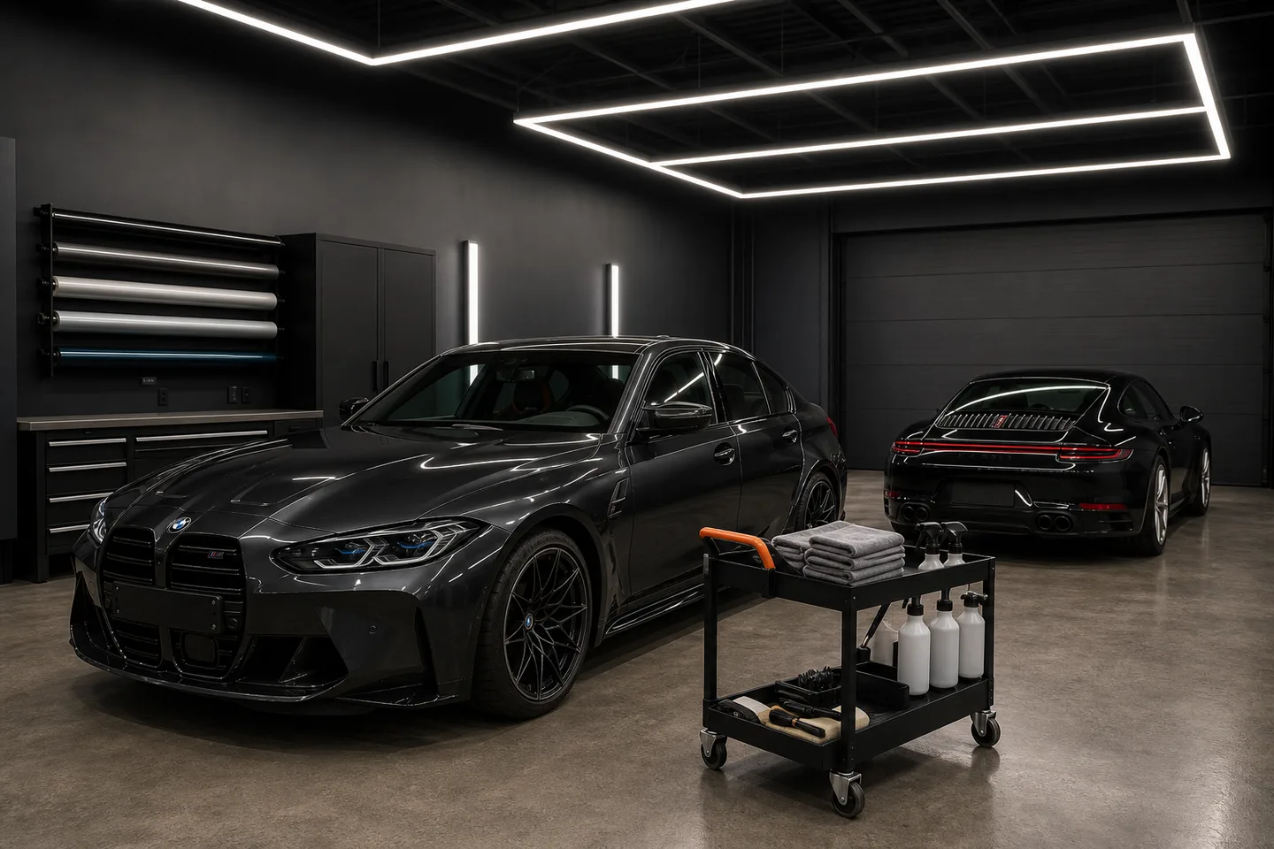 The Apex bay with a BMW M3 and Porsche 911 staged beside the detail cart
