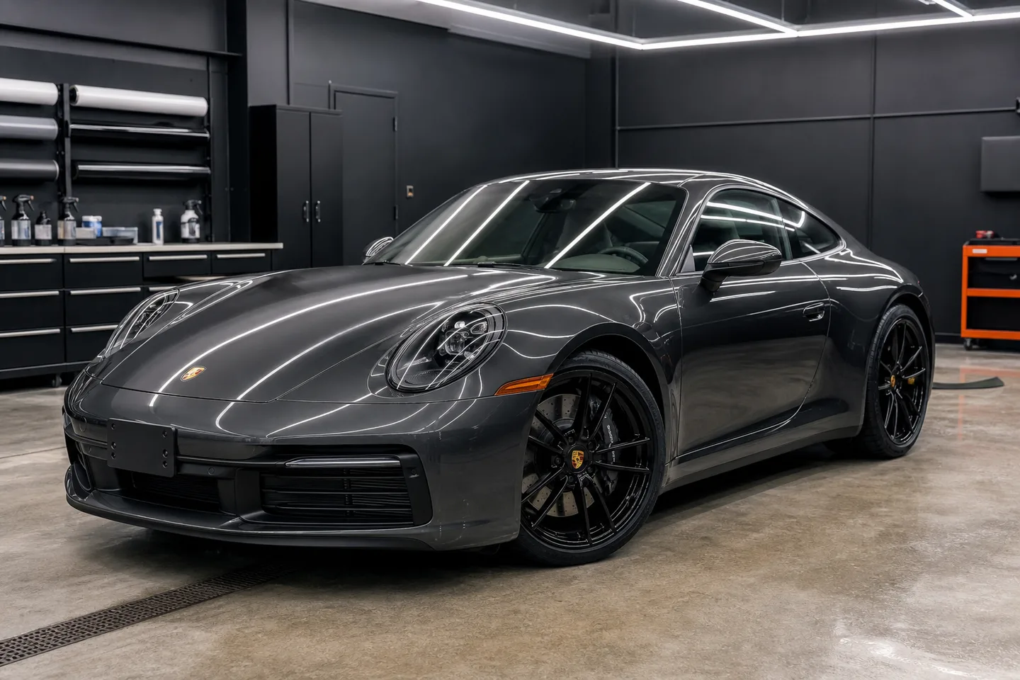 Completed gray Porsche 911 under the bay lights after full body film