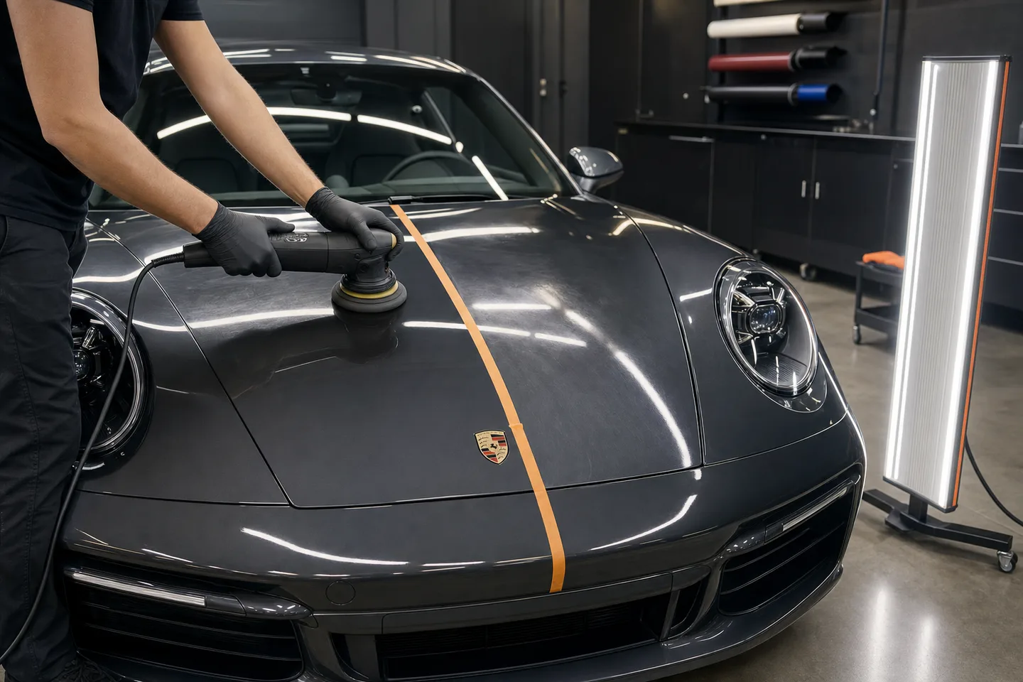 Polisher working the taped-off half of a Porsche 911 hood beside an inspection light