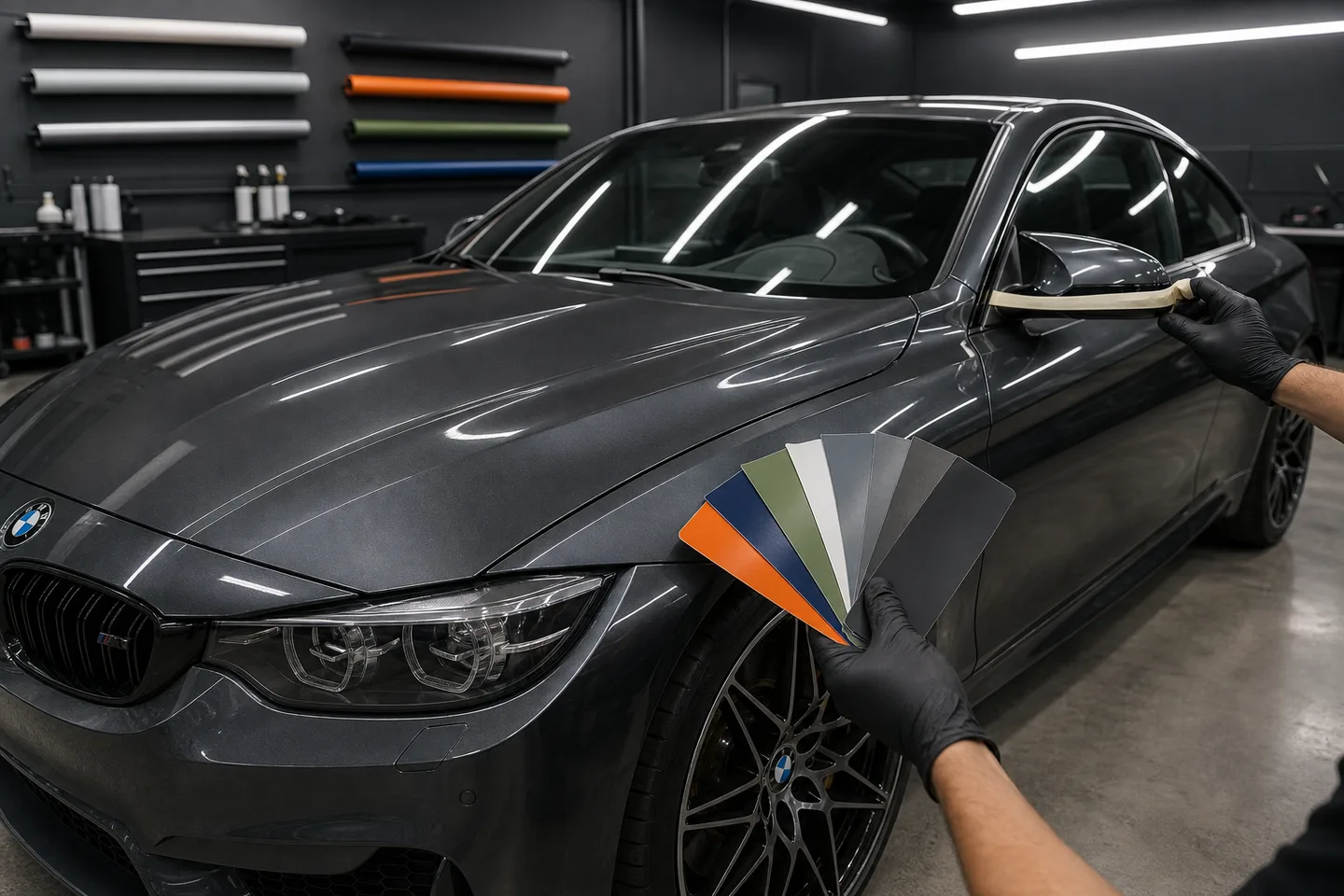 Wrap swatch fan held against a gray BMW M4 fender while the mirror is taped for film